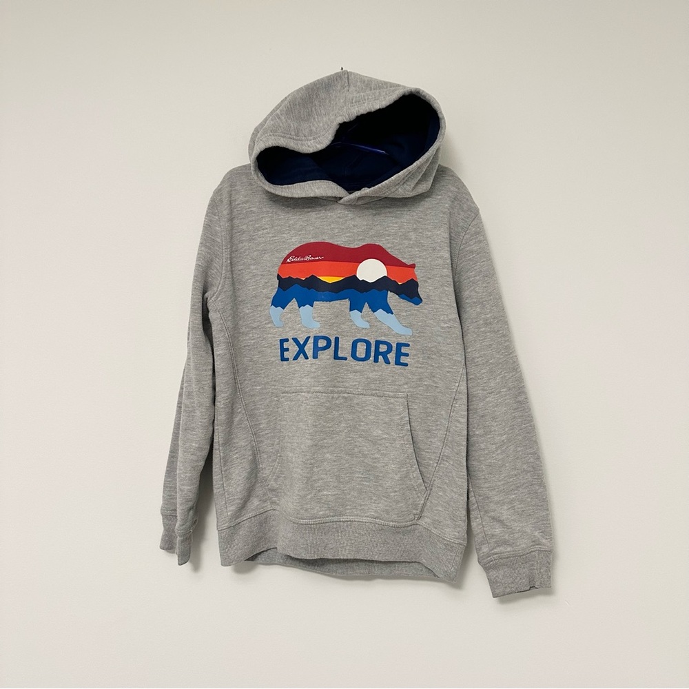 Eddie Bauer Gray Explore Kids Hoodie with Multicolor Bear Design Size Small 7/8